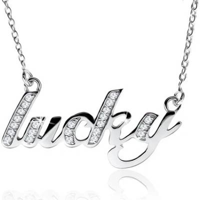 Šperky eshop ze stříbra nápis lucky zdobený čirými kamínky SP38.06