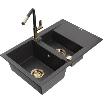 Mexen Gaspar гранитна мивка 1, 5-коморна с отцедник и кухненски смесител Flora, черен напукани - 6507-76-670401-57-G (6507-76-670401-57-G)