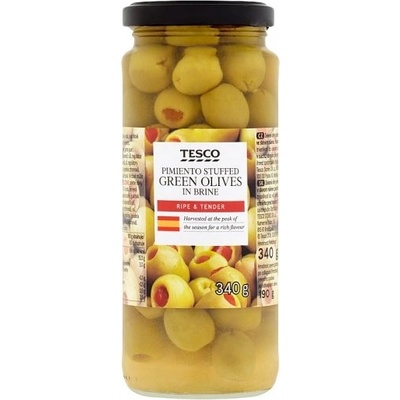 Tesco Zelené olivy plnené paprikovou pastou v slanom náleve 340 g