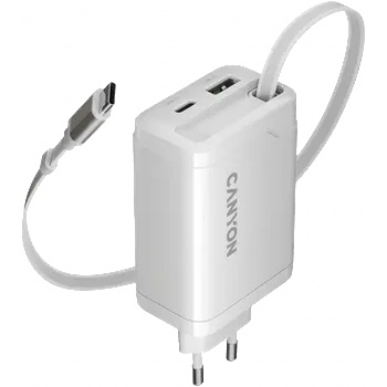 CANYON charger OnCharge 65RC Build-In Cable USB-C 65W 1xPD 1xQC EU White (CNS-CURC65ACW)