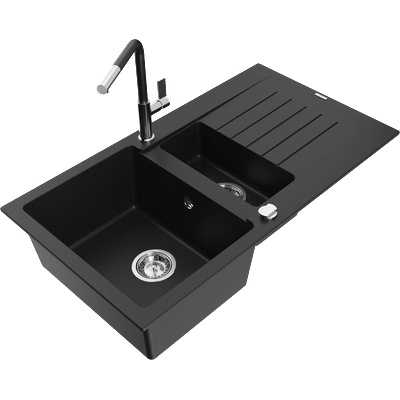 Mexen Matias Гранитна мивка с 1, 5 камери с отцедник и кухненски смесител Flora, черна - 6502-77-670401-07 (6502-77-670401-07)
