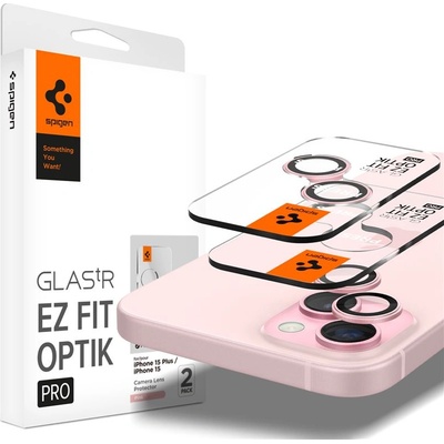 Spigen Glass tR EZ Fit Optik Pro Lens Protector 2 Pack - 2 комплекта предпазни стъклени лещи за камерата на iPhone 15, iPhone 15 Plus, iPhone 14, iPhone 14 Plus (розов)