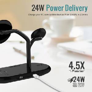 Promate Безжично зарядно ProMate Synergy, MFI Certified 65W High Speed MagSafe Charging Station 15W Qi Charging 5W Apple Watch Charger 10W Qi Charger 24W USB-C Power Delivery Qi Certified, (6959144061924)