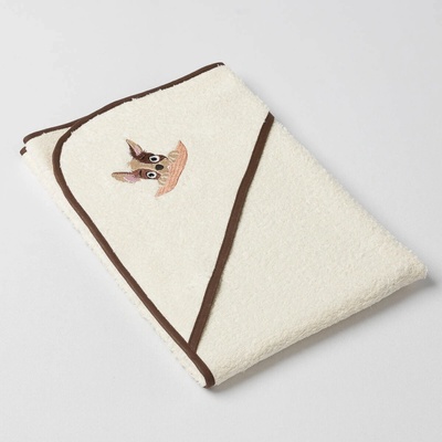 Veba LOTA osuška s kapucí jasmínová s výšivkou Zvědavý pejsek tmavá hnědá lemovka 75x75 cm – Zboží Mobilmania