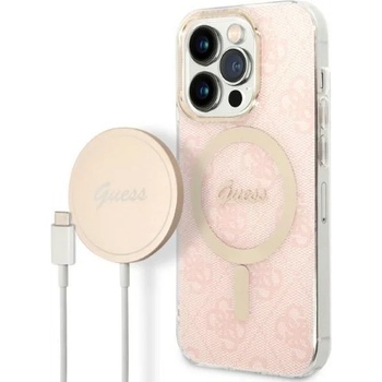 GUESS Комплект безжично зарядно устройство и кейс Guess GUBPP14LH4EACSP за iPhone 14 Pro 6.1"", розов / розов, твърд, съвместим с MagSafe, 4G Print (GUE002566-0)