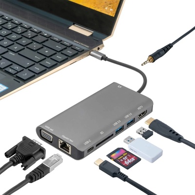 4smarts 8in1 4K USB-C Hub - мултифункционален хъб с Ethernet, HDMI, VGA, USB-C, USB 3.0 и четец за карти за MacBook (тъмносив)