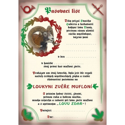 e‑myslivost.cz Pasovací list na lovce zvěře mufloní - pro ženu - Motiv s personalizací