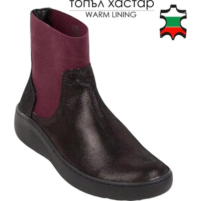 Български обувки Дамски боти цвят бордо от естествена шагренирана с ластик 32819