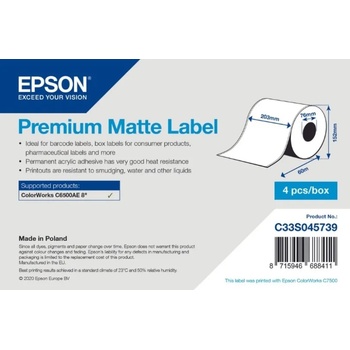 Epson C33S045739 Preмiuм Matte, за ColorWorks, 203мм x 60м, бели самозалепващи етикети (C33S045739)