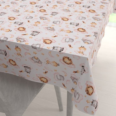 Biante Dětský bavlna obdélníkový ubrus Sandra SA-658 Africká zvířátka na růžových obláčcích na bílém 100x140 cm