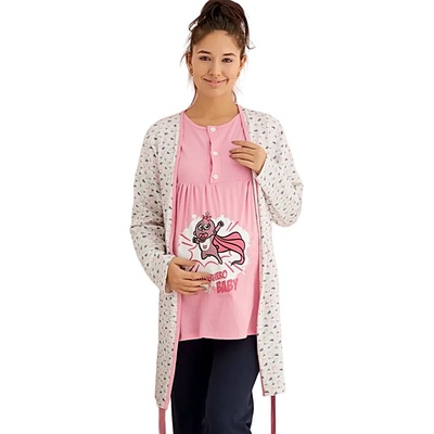 Пижама с халат за бременни в розово, тъмносиньо и бяло