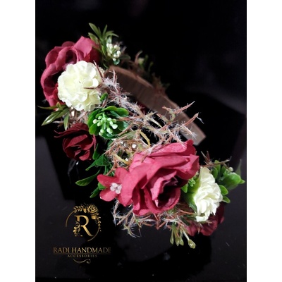 Radi handmade Широка диадема с тъмно червени рози и бели цветя (602)