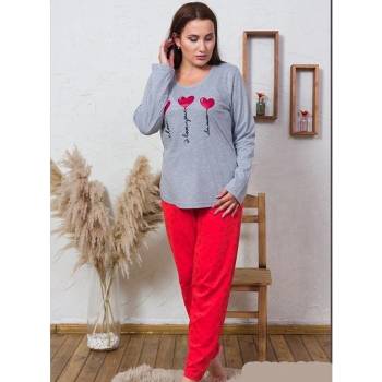 Макси памучна пижама в сив и червен цвят със сърца