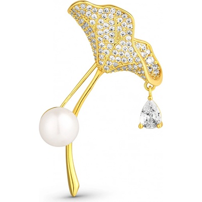 JwL Luxury Pearls Trblietavá pozlátená brošňa s kryštálmi a pravou perlou Ginkgo JL0837