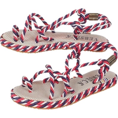 Ефектни сандали от въже в бяло, червено и синьо
