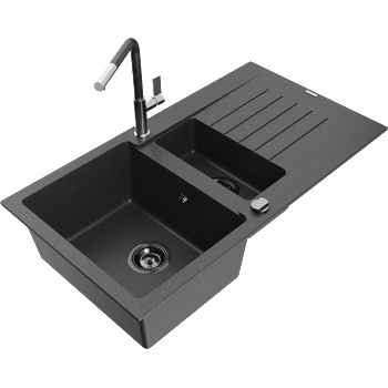Mexen Matias гранитна мивка с 1, 5 камери с отцедник и кухненски смесител Flora, (6502-76-670401-08-B)