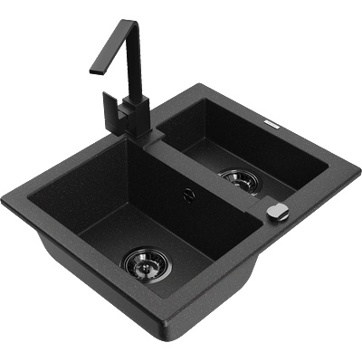 Mexen Carlos гранитна мивка 1, 5-камерна с кухненски смесител Rita, черен/сребърен металик - 6518-73-670300-70-B (6518-73-670300-70-B)