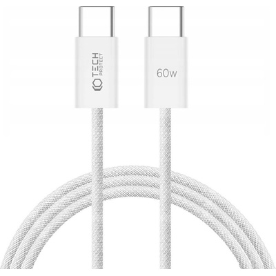 Кабел с въжена оплетка и бързо зареждане за устройства с USB-C порт (200 см) - Tech-Protect Ultraboost Classic USB-C to USB-C Cable 60W (бял) (THP2403)