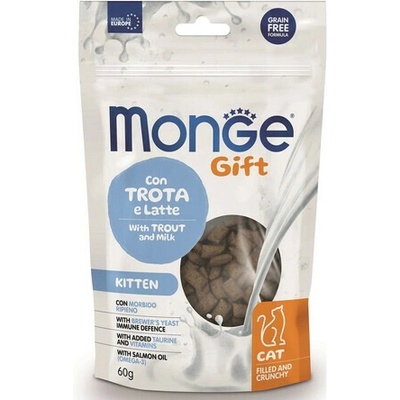 MONGE GIFT Kitten chrumkavé a plnené pochúťky pre mačiatka pstruh s mliekom 60 g
