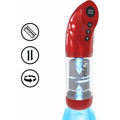 Shots Pumped StrokeMate Masturbator Pump Metallic Red, prirážací, sací a rotačný masturbátor 31,5 x 8,9 cm