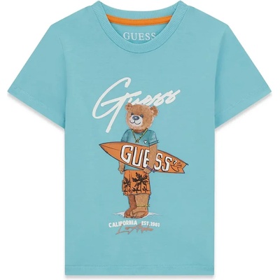 GUESS Тюркоазена тениска за мини момче с цветно мече отпред и бял надпис Guess