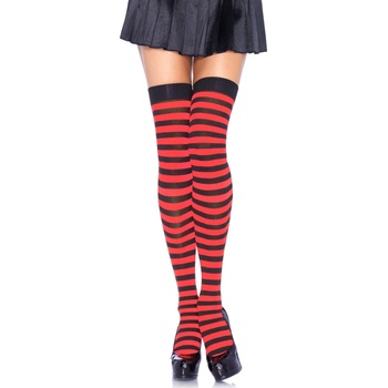 Image 1 of Leg Avenue Striped Nylon Thigh Highs 6005 Black & Red