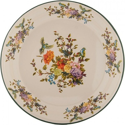 Clayre & Eef Béžový dekoračný smaltovaný tanier s kvetmi Vintage 30 x 3 cm