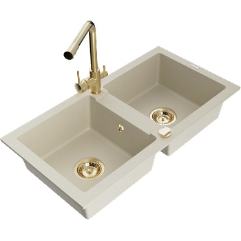 Mexen Mario гранитна кухненска мивка с 2 отделения и кухненски смесител Duero, бежов - 6504-69-671600-50 (6504-69-671600-50)