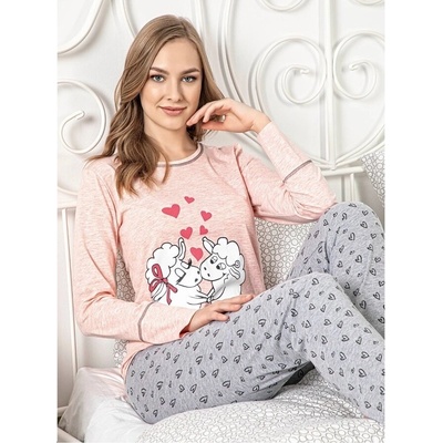 Пижама в коралов и сив цвят с овчици и сърца