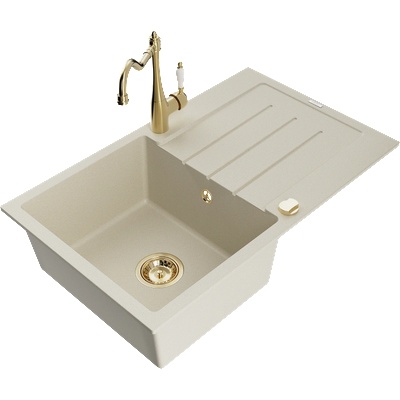 Mexen Bruno гранитна мивка с една камера с отцедник и кухненски смесител Carla, бежов - 6513-69-670700-50 (6513-69-670700-50)
