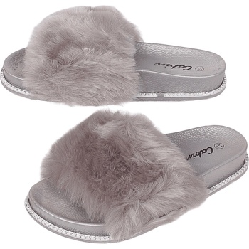 Дамски чехли в сиво с пух