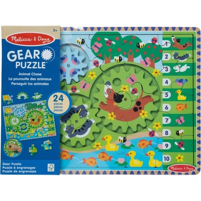 Melissa & Doug Дървен пъзел с механизъм Melissa & Doug - Animal Chase, 24 части (31004)