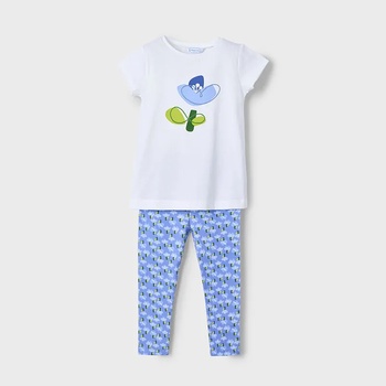 Mayoral Комплект клин до глезена в син цвят и бяла тениска с цвете за мини момиче Майорал