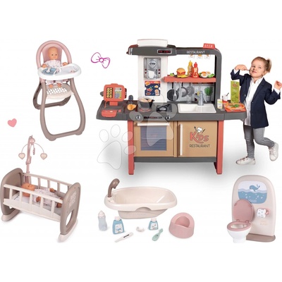 Smoby Set reštaurácia s elektronickou kuchynkou Kids Restaurant záchod s kúpeľnou a vanička s jedálenskou stoličkou a kolíska