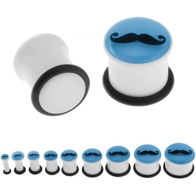 Šperky eshop bílý piercing do ucha plug knírek gumička modrá přední část zářící ve tmě SP68.13