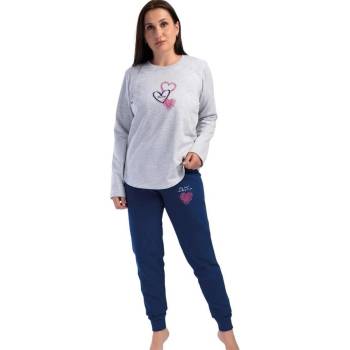 Дамска ватирана пижама в сиво и синьо със сърца