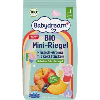 Babydream Bio mini tyčinky s broskví, aronií a kousky sušenek Peppa Pig 100 g