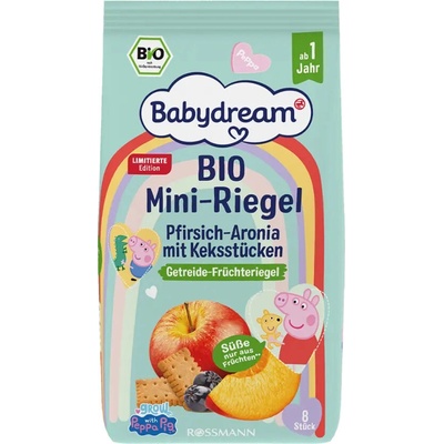 Babydream Bio mini tyčinky s broskví, aronií a kousky sušenek Peppa Pig 100 g