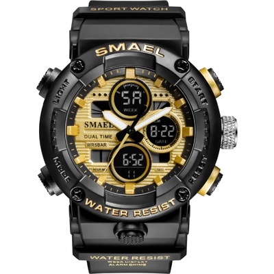 SMAEL Спортен мъжки часовник Smael G Sport, Хронограф, Двойно време, LED Подсветка, Черен / Златист (SMAEL-8038-BLACK-GOLD)