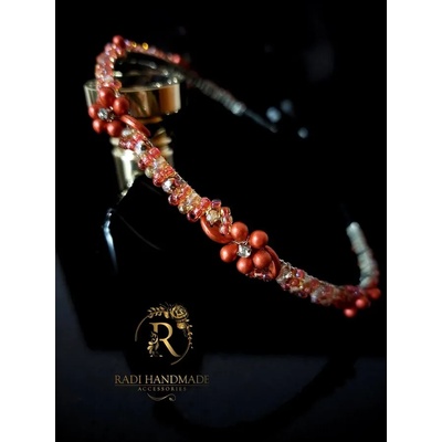 Radi handmade Официална диадема с алено червени перлени цветя и бежаво златисти кристали (390)