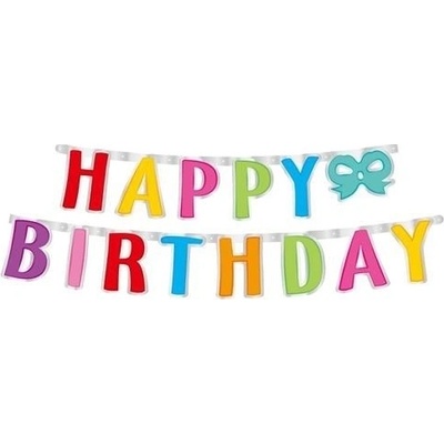 Party nápis Happy Birthday barevný s mašlí 160 x 14 cm – Zboží Dáma