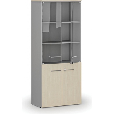Primo Kombinovaná kancelářská skříň GRAY s dřevěnými a skleněnými dveřmi, 1781 x 800 x 420 mm, šedá/bříza – Hledejceny.cz