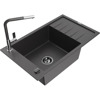 Mexen Elias гранитна мивка с 1 отделение с отцедник и кухненски смесител Flora, черен на петна - 6511-76-670401-08-B (6511-76-670401-08-B)
