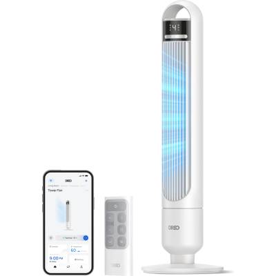 DREO Smart tower fan for the bedroom, quiet pedestal fan with 28 dB, air range up to 8.8 m, 4 levels & 3 modes, 8 hour timer, app, Alexa & Google, 90° oscillation, for home/office - DR-HTF017S