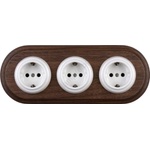 Elhard - Тройна керамична ретро домашна розетка с рамка SCHUKO 230V бяла/дърво (EF0115B)