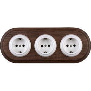Elhard - Тройна керамична ретро домашна розетка с рамка SCHUKO 230V бяла/дърво (EF0115B)