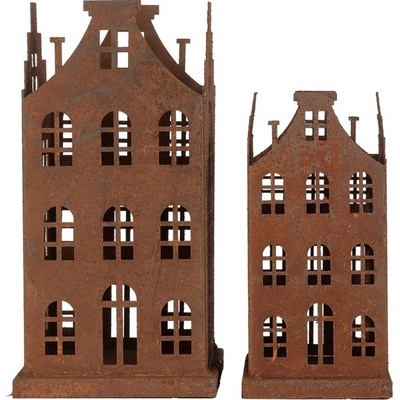 2ks rezavá dekorace / svícen domek Brocante rust - 11*11*21 / 8*8*16 cm - Clayre & Eef