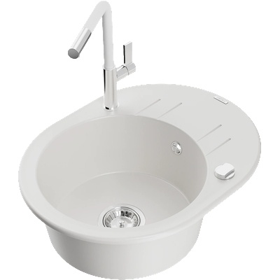 Mexen Kevin гранитна мивка с 1 отделение с отцедник и кухненски смесител Flora, бял - 6517-20-670401-02 (6517-20-670401-02)