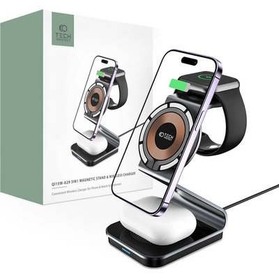 Tech-Protect 3-in-1 Inductive Wireless Charging Station Qi15W-A29 - тройна поставка (пад) за безжично зареждане за iPhone с Magsafe, Apple Watch и AirPods (черен)