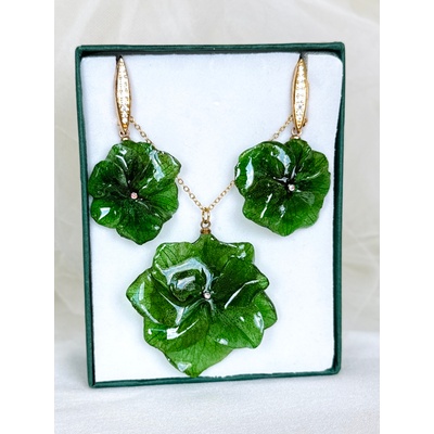 Meganflo Комплект медальон и обеци зелени хортензии